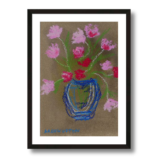 A framed fine art giclée print of a mixed media painting featuring pink and red flowers in a blue vase on a beige background. Part of Arden Upton's Flowers that Last collection 