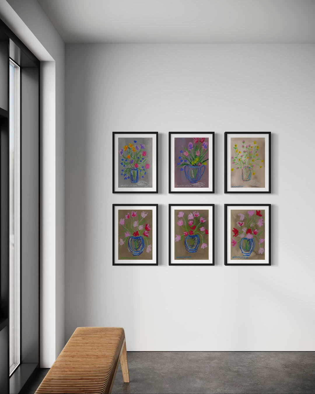 Curated gallery wall of mixed media floral, botanical giclée prints from Arden Upton's Flowers that last Collection styled in a room. Beautiful art paintings of bright, multi colored flowers in vases