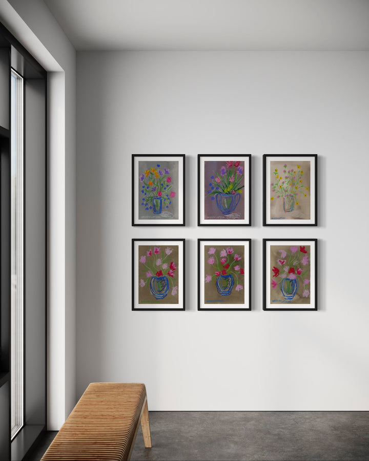 Curated gallery wall of mixed media floral, botanical giclée prints from Arden Upton's Flowers that last Collection styled in a room. Beautiful art paintings of bright, multi colored flowers in vases