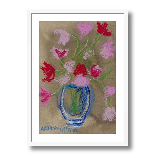 A framed fine art giclée print of a mixed media painting featuring pink and red flowers in a blue vase on a beige background. Part of Arden Upton's Flowers that Last collection 