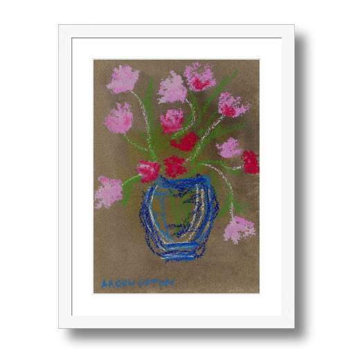 A framed fine art giclée print of a mixed media painting featuring pink and red flowers in a blue vase on a beige background. Part of Arden Upton's Flowers that Last collection 