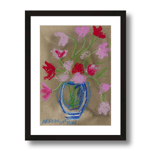 A framed fine art giclée print of a mixed media painting featuring pink and red flowers in a blue vase on a beige background. Part of Arden Upton's Flowers that Last collection 