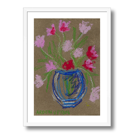 A framed fine art giclée print of a mixed media painting featuring pink and red flowers in a blue vase on a beige background. Part of Arden Upton's Flowers that Last collection 