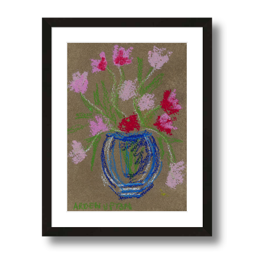 A framed fine art giclée print of a mixed media painting featuring pink and red flowers in a blue vase on a beige background. Part of Arden Upton's Flowers that Last collection 