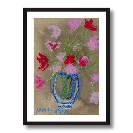 A framed fine art giclée print of a mixed media painting featuring pink and red flowers in a blue vase on a beige background. Part of Arden Upton's Flowers that Last collection 