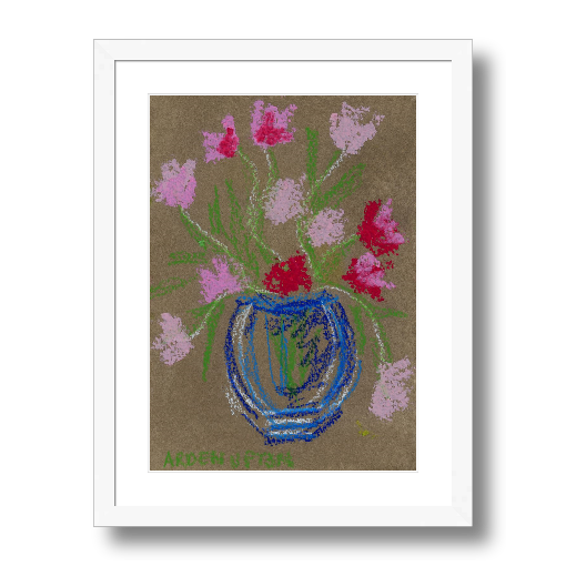A framed fine art giclée print of a mixed media painting featuring pink and red flowers in a blue vase on a beige background. Part of Arden Upton's Flowers that Last collection 