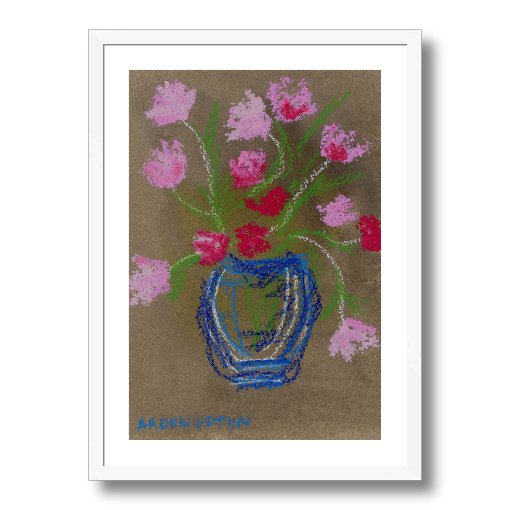 A framed fine art giclée print of a mixed media painting featuring pink and red flowers in a blue vase on a beige background. Part of Arden Upton's Flowers that Last collection 