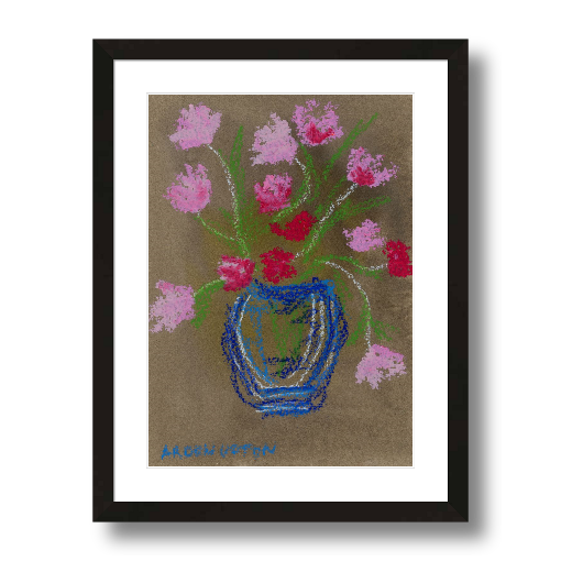 A framed fine art giclée print of a mixed media painting featuring pink and red flowers in a blue vase on a beige background. Part of Arden Upton's Flowers that Last collection 