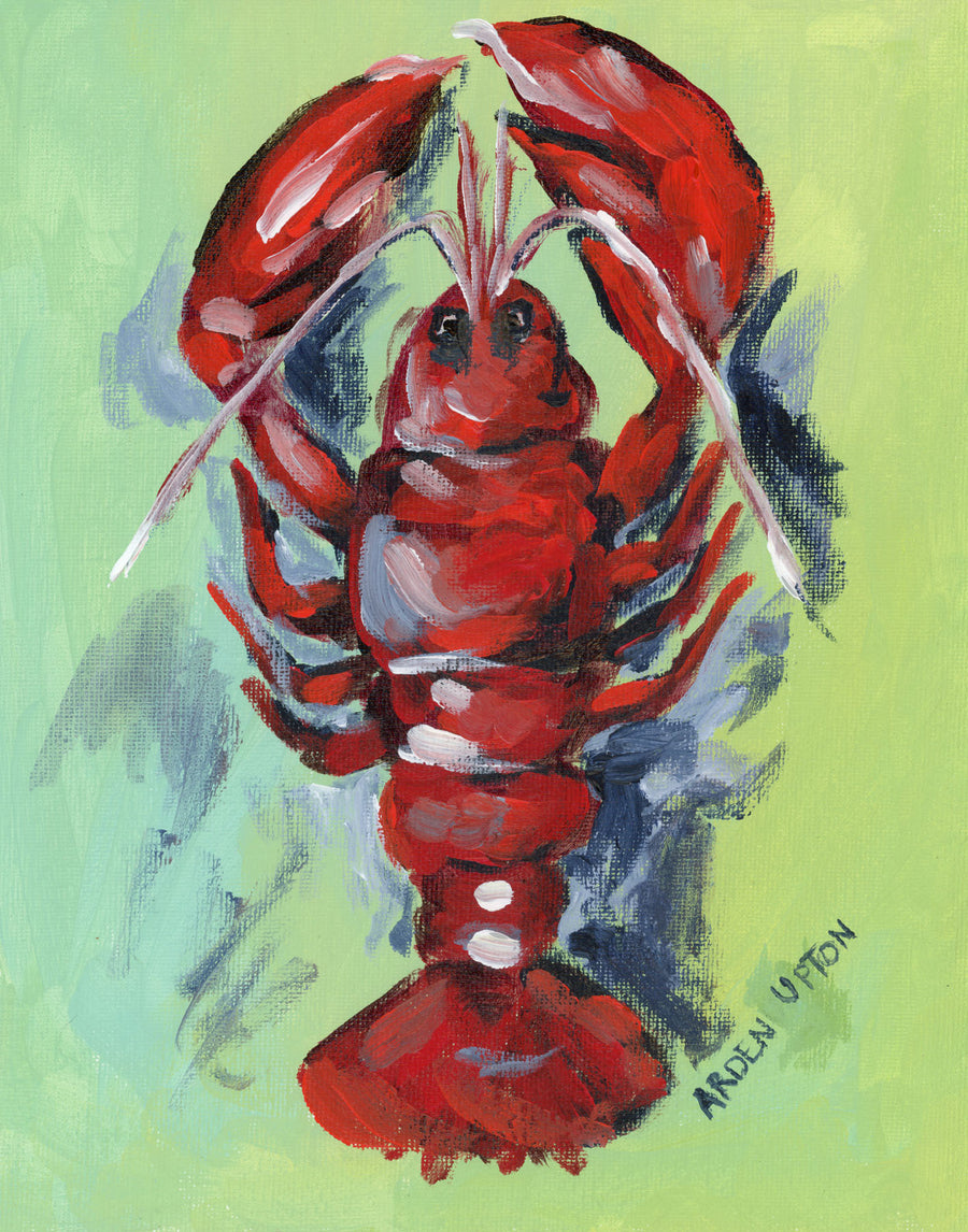 Close up of Southern artist Arden Upton's Lobster Original Painting showing the meticulous details and brush strokes. The painting is of a red lobster with grey and black shadows on a lime green background and is perfet for kitchens and breakfast nooks.