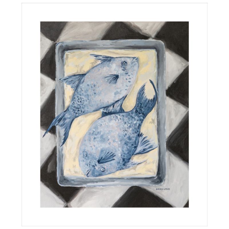 Coastal-inspired Blue Fish painting of two blue fish on a tray sitting on a black and white checkered surface. A fine art print from the Frank’s Table collection, perfect for dining room or kitchen décor