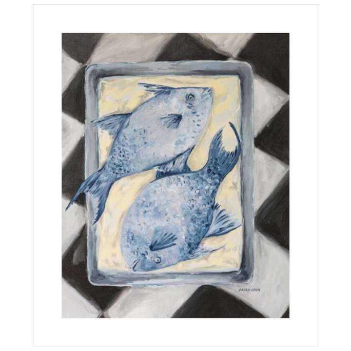Coastal-inspired Blue Fish painting of two blue fish on a tray sitting on a black and white checkered surface. A fine art print from the Frank’s Table collection, perfect for dining room or kitchen décor
