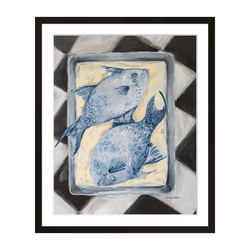 Coastal-inspired Blue Fish painting framed in black frame – two blue fish on a tray sitting on a black and white checkered surface. A fine art print from the Frank’s Table collection, perfect for dining room or kitchen décor