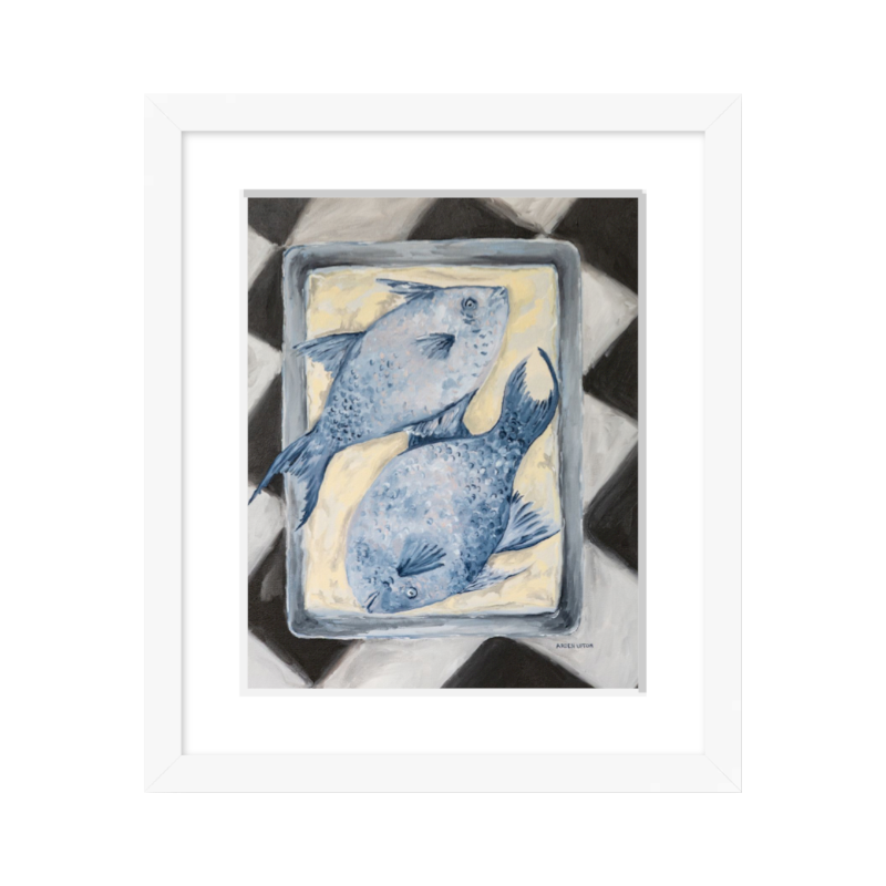Coastal-inspired Blue Fish painting framed in white – two blue fish on a tray sitting on a black and white checkered surface. A fine art print from the Frank’s Table collection, perfect for dining room or kitchen décor