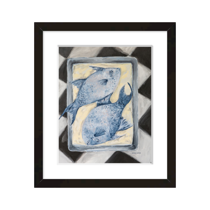 Coastal-inspired Blue Fish painting framed in black – two blue fish on a tray sitting on a black and white checkered surface. A fine art print from the Frank’s Table collection, perfect for dining room or kitchen décor