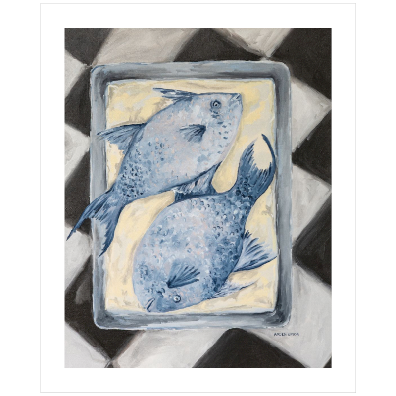 Coastal-inspired Blue Fish painting of two blue fish on a tray sitting on a black and white checkered surface. A fine art print from the Frank’s Table collection, perfect for dining room or kitchen décor