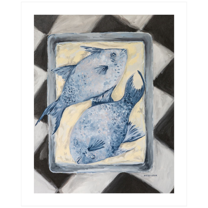 Coastal-inspired Blue Fish painting of two blue fish on a tray sitting on a black and white checkered surface. A fine art print from the Frank’s Table collection, perfect for dining room or kitchen décor