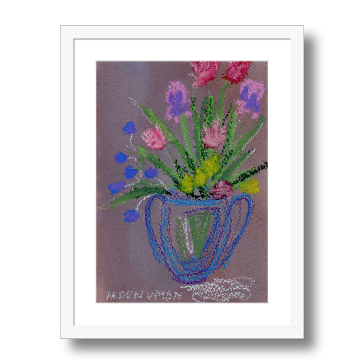 A framed fine art giclée print of a mixed media painting with vibrant colors of blue, purple, red, green and pink flowers in a blue vase, a piece from Arden Upton's Flowers that Last collection