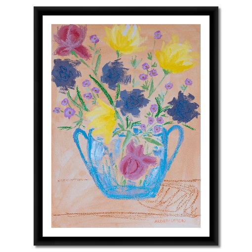 A framed fine art giclée print of a mixed media painting with vibrant colors of blue, purple, yellow, and pink flowers with green leaves in a blue vase, a piece from Arden Upton's Flowers that Last collection