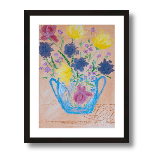 A framed fine art giclée print of a mixed media painting with vibrant colors of blue, purple, yellow, and pink flowers with green leaves in a blue vase, a piece from Arden Upton's Flowers that Last collection