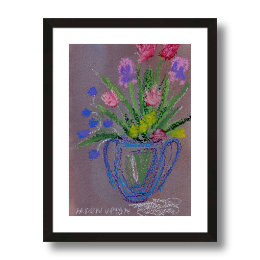 A framed fine art giclée print of a mixed media painting with vibrant colors of blue, purple, red, green and pink flowers in a blue vase, a piece from Arden Upton's Flowers that Last collection