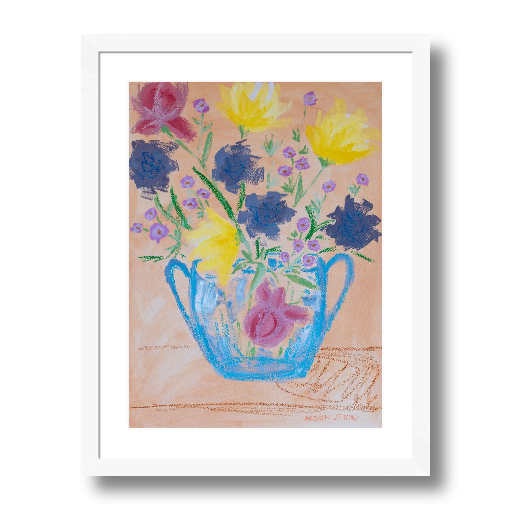 A framed fine art giclée print of a mixed media painting with vibrant colors of blue, purple, yellow, and pink flowers with green leaves in a blue vase, a piece from Arden Upton's Flowers that Last collection