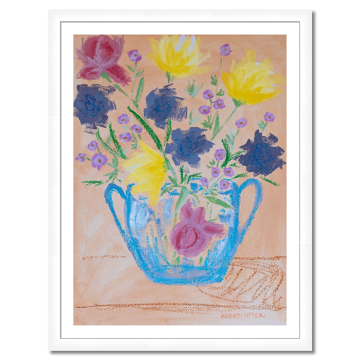 A framed fine art giclée print of a mixed media painting with vibrant colors of blue, purple, yellow, and pink flowers with green leaves in a blue vase, a piece from Arden Upton's Flowers that Last collection