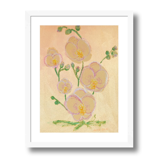 A framed fine art print featuring a painting of pink orchids with green leaves on a beige and golden background, From Arden Upton's Flowers that Last collection