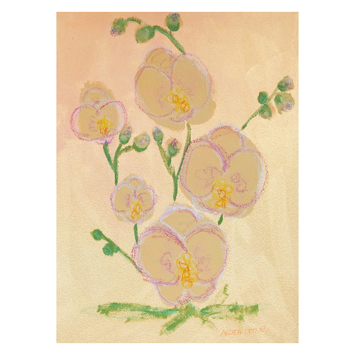 A framed fine art print featuring a painting of pink orchids with green leaves on a beige and golden background, From Arden Upton's Flowers that Last collection