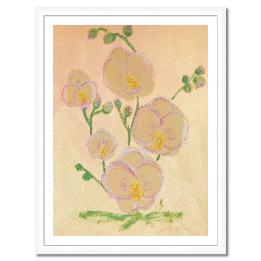 A framed fine art print featuring a painting of pink orchids with green leaves on a beige and golden background, From Arden Upton's Flowers that Last collection