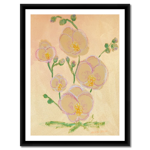 A framed fine art print featuring a painting of pink orchids with green leaves on a beige and golden background, From Arden Upton's Flowers that Last collection