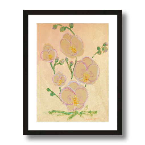 A framed fine art print featuring a painting of pink orchids with green leaves on a beige and golden background, From Arden Upton's Flowers that Last collection