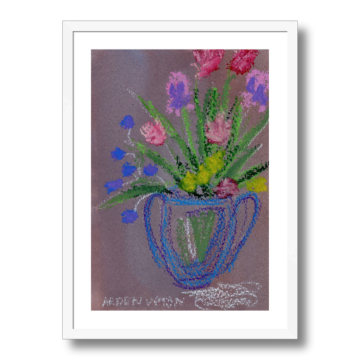 A framed fine art giclée print of a mixed media painting with vibrant colors of blue, purple, red, green and pink flowers in a blue vase, a piece from Arden Upton's Flowers that Last collection
