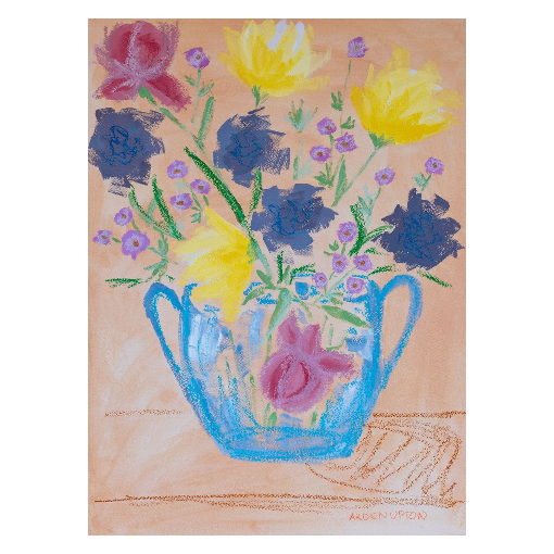 A framed fine art giclée print of a mixed media painting with vibrant colors of blue, purple, yellow, and pink flowers with green leaves in a blue vase, a piece from Arden Upton's Flowers that Last collection