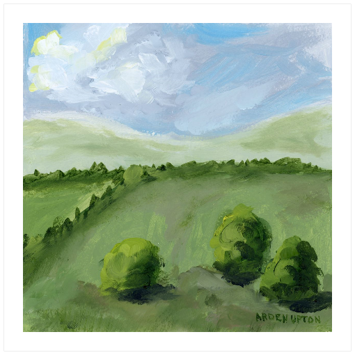 A framed, ready to hang giclee print of green trees and rolling hills with blue sky and white clouds. From an original painting from Arden Upton's Blue Skies Collection. Great for decorating your living room, bedroom and hallway walls in your home