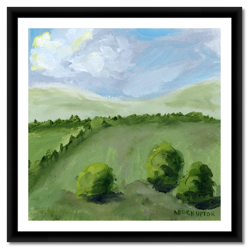 A framed, ready to hang giclee print of green trees and rolling hills with blue sky and white clouds. From an original painting from Arden Upton's Blue Skies Collection. Great for decorating your living room, bedroom and hallway walls in your home