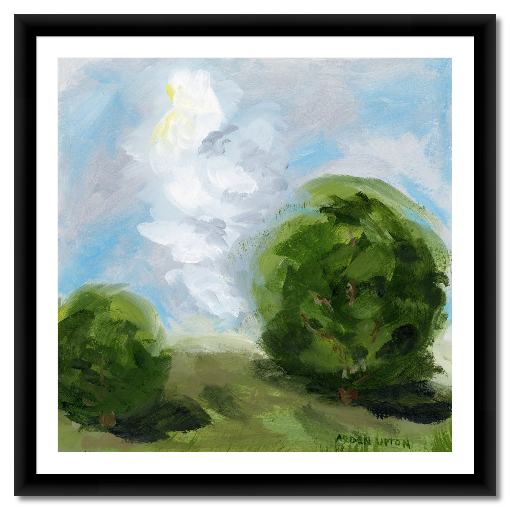 A framed, ready to hang giclee print of green trees and rolling hills with blue sky and white clouds. From an original painting from Arden Upton's Blue Skies Collection. Great for decorating your living room, bedroom and hallway walls in your home