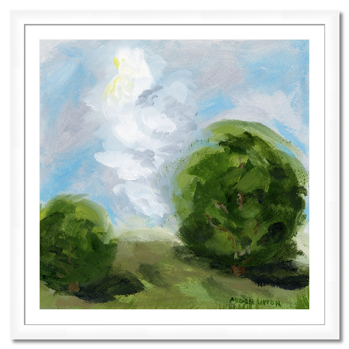 A framed, ready to hang giclee print of green trees and rolling hills with blue sky and white clouds. From an original painting from Arden Upton's Blue Skies Collection. Great for decorating your living room, bedroom and hallway walls in your home