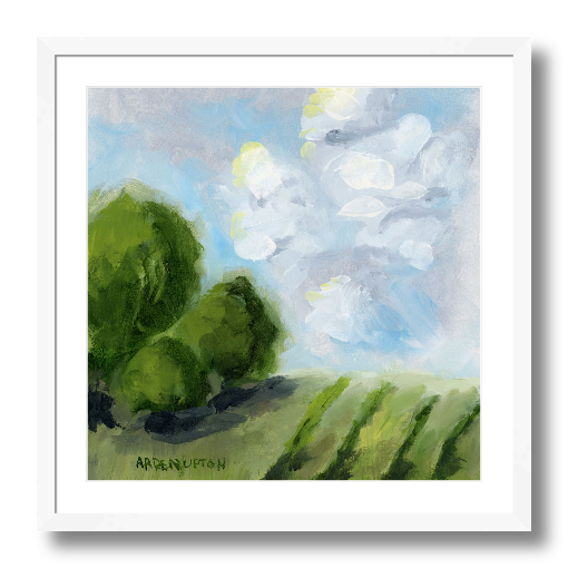A framed, ready to hang giclee print of green trees and rolling hills with blue sky and white clouds. From an original painting from Arden Upton's Blue Skies Collection. Great for decorating your living room, bedroom and hallway walls in your home