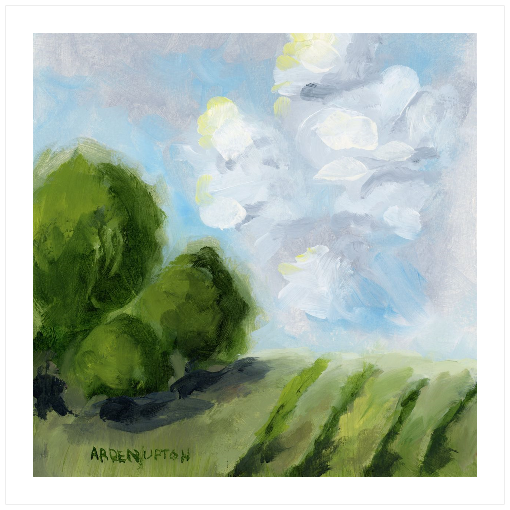 A framed, ready to hang giclee print of green trees and rolling hills with blue sky and white clouds. From an original painting from Arden Upton's Blue Skies Collection. Great for decorating your living room, bedroom and hallway walls in your home