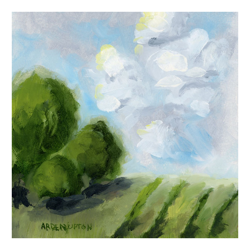 A framed, ready to hang giclee print of green trees and rolling hills with blue sky and white clouds. From an original painting from Arden Upton's Blue Skies Collection. Great for decorating your living room, bedroom and hallway walls in your home