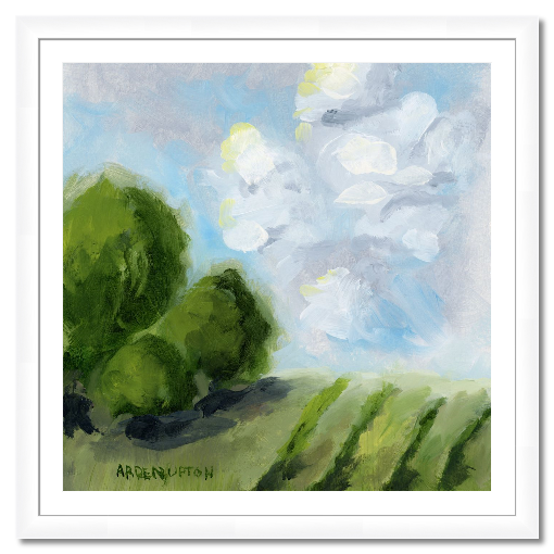 A framed, ready to hang giclee print of green trees and rolling hills with blue sky and white clouds. From an original painting from Arden Upton's Blue Skies Collection. Great for decorating your living room, bedroom and hallway walls in your home