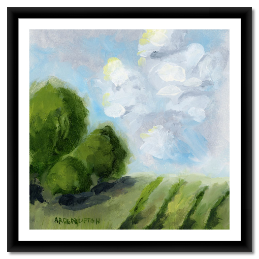 A framed, ready to hang giclee print of green trees and rolling hills with blue sky and white clouds. From an original painting from Arden Upton's Blue Skies Collection. Great for decorating your living room, bedroom and hallway walls in your home