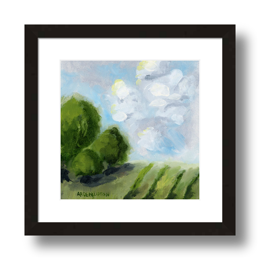 A framed, ready to hang giclee print of green trees and rolling hills with blue sky and white clouds. From an original painting from Arden Upton's Blue Skies Collection. Great for decorating your living room, bedroom and hallway walls in your home