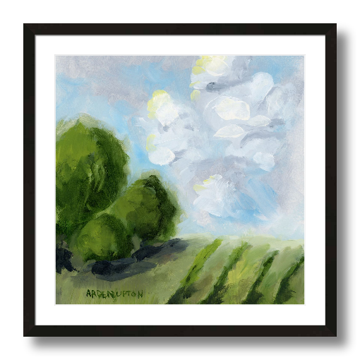 A framed, ready to hang giclee print of green trees and rolling hills with blue sky and white clouds. From an original painting from Arden Upton's Blue Skies Collection. Great for decorating your living room, bedroom and hallway walls in your home
