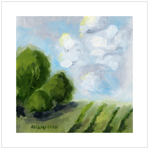 A framed, ready to hang giclee print of green trees and rolling hills with blue sky and white clouds. From an original painting from Arden Upton's Blue Skies Collection. Great for decorating your living room, bedroom and hallway walls in your home
