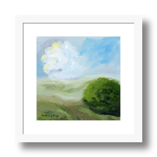A framed, ready to hang giclee print of green trees and rolling hills with blue sky and white clouds. An original painting from Arden Upton's Blue Skies Collection. Great for decorating living room, bedroom and hallway walls in your home