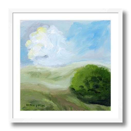 A framed, ready to hang giclee print of green trees and rolling hills with blue sky and white clouds. An original painting from Arden Upton's Blue Skies Collection. Great for decorating living room, bedroom and hallway walls in your home