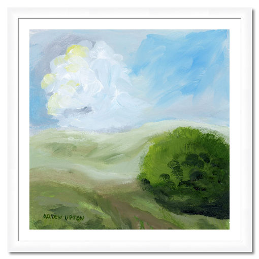 A framed, ready to hang giclee print of green trees and rolling hills with blue sky and white clouds. An original painting from Arden Upton's Blue Skies Collection. Great for decorating living room, bedroom and hallway walls in your home