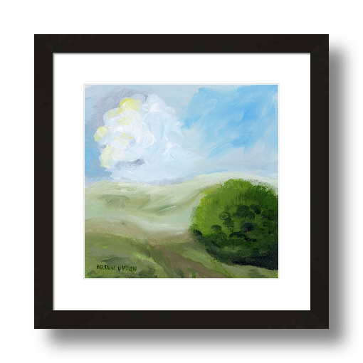 A framed, ready to hang giclee print of green trees and rolling hills with blue sky and white clouds. An original painting from Arden Upton's Blue Skies Collection. Great for decorating living room, bedroom and hallway walls in your home