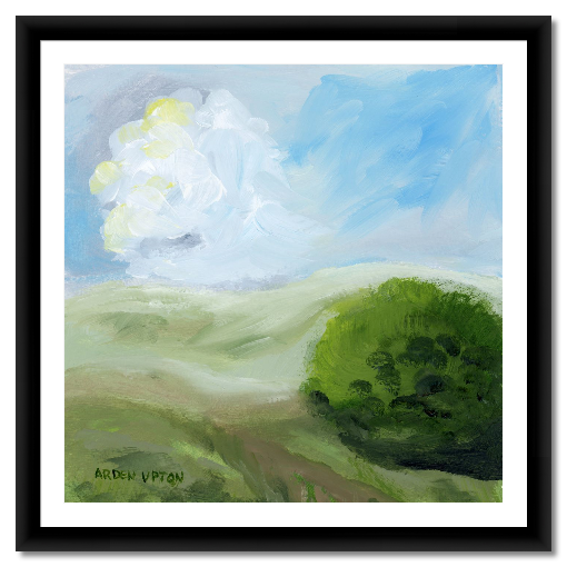 A framed, ready to hang giclee print of green trees and rolling hills with blue sky and white clouds. An original painting from Arden Upton's Blue Skies Collection. Great for decorating living room, bedroom and hallway walls in your home